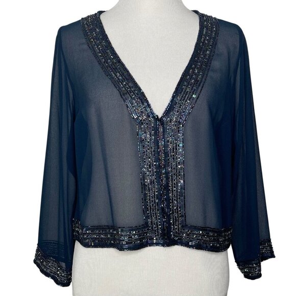 Jkara Beaded Sheer Cardigan Size 14 Navy Blue Evening Embellish Hook Loop Front - Picture 1 of 11